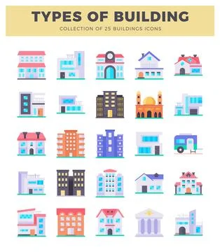 Flat icons representing diverse building types in a clean. modern style. Ilustração Stock
