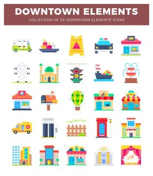Flat icons representing downtown elements Stock Illustration
