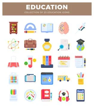 Flat icons representing education elements on a white background. Illustrazione stock