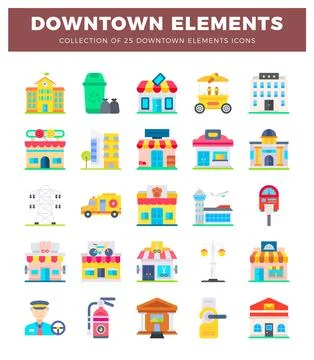 A flat icons representing various downtown elements and services in a simpl.. Stock Illustration