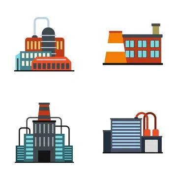 Flat icons representing various industrial factory buildings Ilustración de archivo
