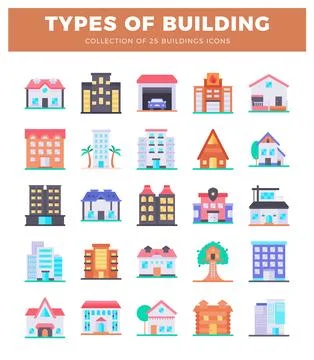 A flat icons representing various types of buildings in a clean. white back.. Ilustración de archivo