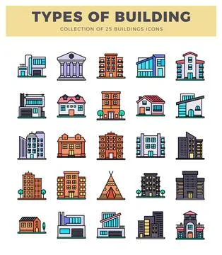 Flat icons set of 25 building types. modern and classic architectures. from.. Ilustración de archivo