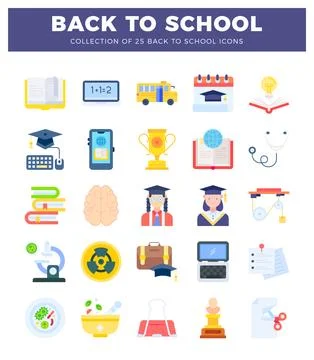 Flat icons set for back to school education and learning with diverse schoo.. Stock Illustration