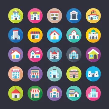 Flat Icons Set of Buildings Stock Illustration