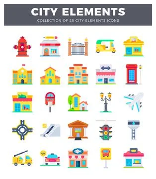 Flat icons set for city elements. depicting buildings. transportation. and .. イラスト素材