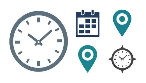 Flat icons set of clock, calendar, and location pins Vector Stock Illustration
