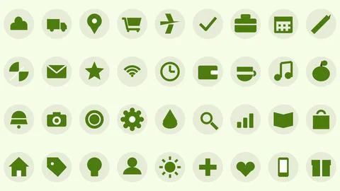 Flat icons set green app symbols on white circular background Stock Illustration