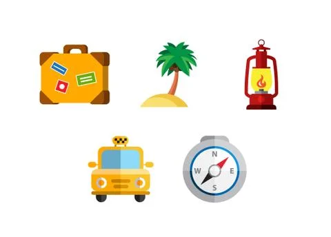 Flat icons set with long shadow effect of traveling on airplane, planning a Stock Illustration