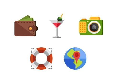 Flat icons set with long shadow effect of traveling on airplane, planning a Stock Illustration