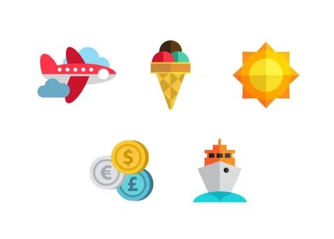 Flat icons set with long shadow effect of traveling on airplane, planning a Stock Illustration
