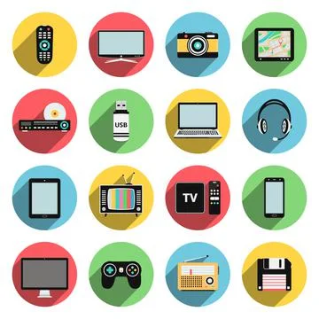 Flat icons set of multimedia and technology devices, audio and video items Stock Illustration