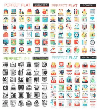 Flat Icons Set Security School Retail Dental Stock Illustration