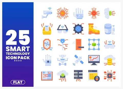 Flat icons set of smart technology symbols. Digital devices and AI elements.. Stockillustratie