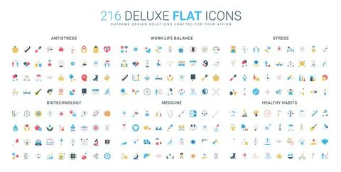 Flat Icons Set Stress Work-Life Medicine Biotechnology Stock-Illustration