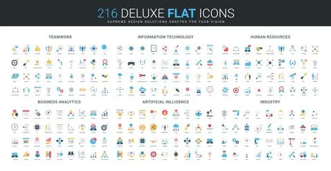 Flat Icons Set Teamwork IT HR Analytics AI Industry 스톡 일러스트