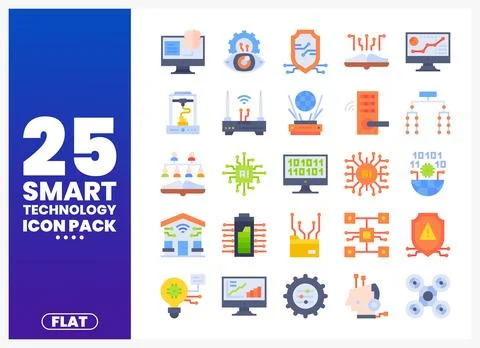 Flat icons for smart technology concepts in a digital design. Stock Illustration