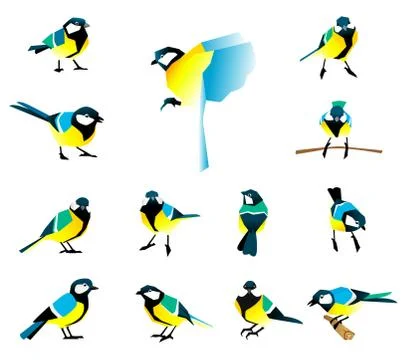 Flat icons of titmouse set. Winter birds in a flat style. Stock Illustration