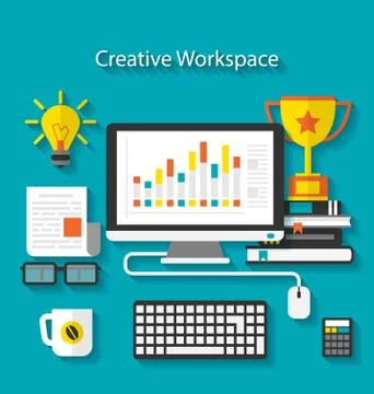 Flat icons of trendy business objects with long shadows Stock Illustration