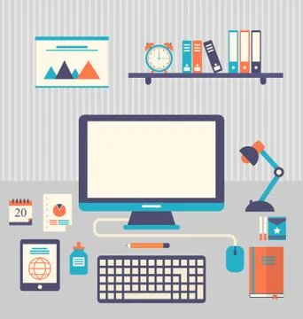 Flat icons of trendy everyday objects, office supplies and business items f.. 스톡 일러스트