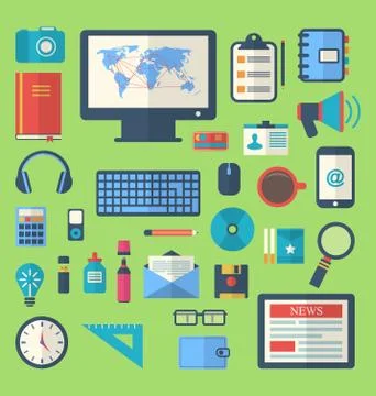 Flat icons of trendy everyday objects, office supplies and business items f.. 스톡 일러스트