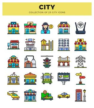 Flat icons of urban city elements in colorful design on white 스톡 일러스트
