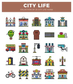 Flat icons of urban elements and buildings in a grid pattern. Isolated on w.. Illustrazione stock