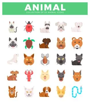 Flat icons of various animals. including dogs. cats. a turtle. a spider. a .. Illustrazione stock
