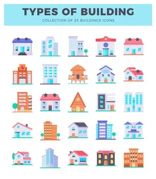 Flat icons of various building types arranged in a grid. Ilustración de archivo