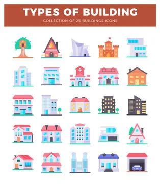 Flat icons of various building types displayed on a white background. Ilustración de archivo