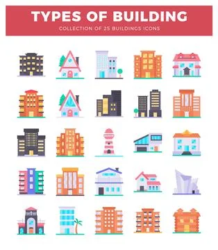 Flat icons of various building types displayed on a white background with a.. Ilustración de archivo