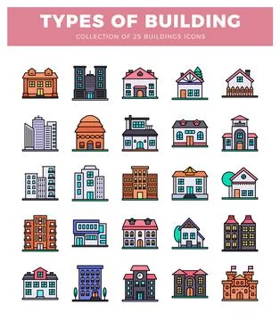 Flat icons of various building types displayed against a white background. Stock Illustration