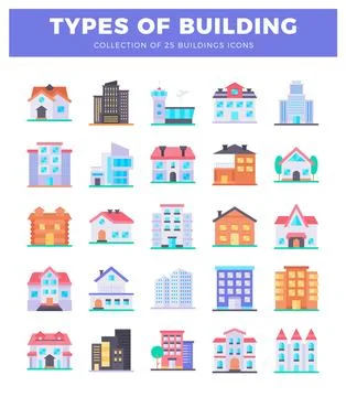 Flat icons of various building types. Variety of architectural styles and c.. Ilustração Stock