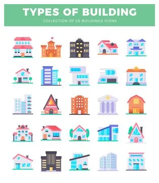 Flat icons of various buildings arranged in a grid on a white background wi.. Ilustración de archivo