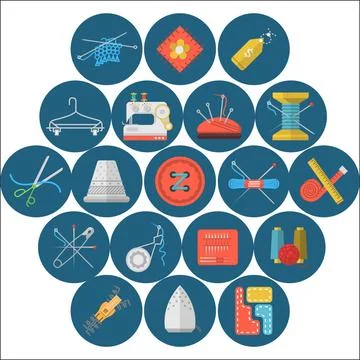 Flat icons vector collection of sewing items Set of circle blue flat vecto... Stock Photos