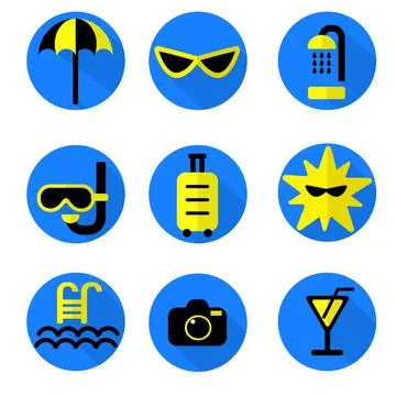 Flat icons vector set with shadow effect in bright blue and yellow colors of  Illustrazione stock