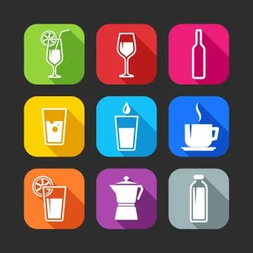 Flat icons for web and mobile applications with beverages (flat design with long Stock Illustration