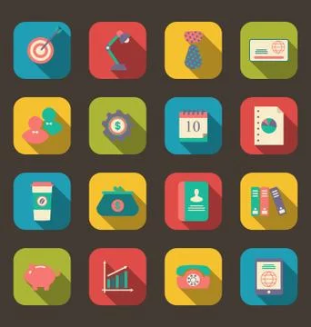 Flat icons of web design objects, business and office items, long shadow styl Stock Illustration