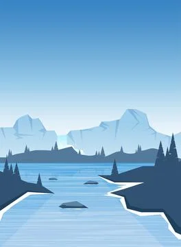 Flat icy cold lake with mountain and clear sky illustration Stock Illustration