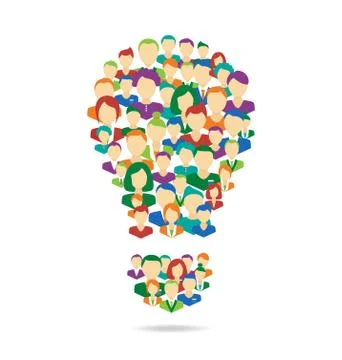 Flat Idea lamp symbolize crowdsourcing process isolated on white Stock Illustration