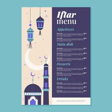 Flat iftar menu template for islamic ramadan celebration Stock Illustration