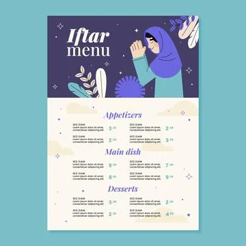 Flat iftar menu template for islamic ramadan celebration Stock Illustration