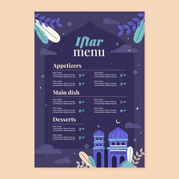 Flat iftar menu template for islamic ramadan celebration Stock Illustration
