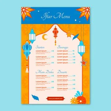 Flat iftar party menu template for islamic ramadan celebration Stock Illustration