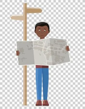 Flat illustrated black man finding the way, reading a map next to a sign post Stock Illustration