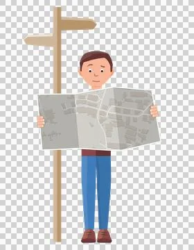 Flat illustrated man reading a map next to a sign post Stock Illustration