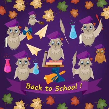 Flat illustration-1 on school theme, bird owl holding various school subjects Stock Illustration