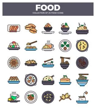 A flat illustration of 25 assorted food icons. set against a white backgrou.. Stock Illustration