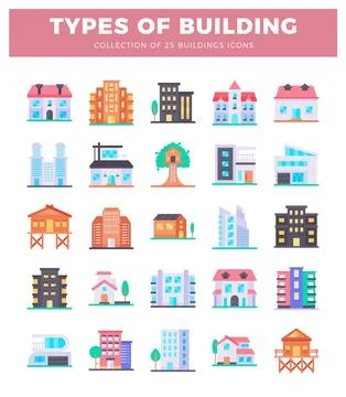 Flat illustration of 25 varied building icons on white background Ilustración de archivo