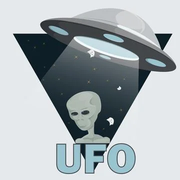 Flat illustration of an alien on the background of a UFO flying saucer the .. Illustrazione stock
